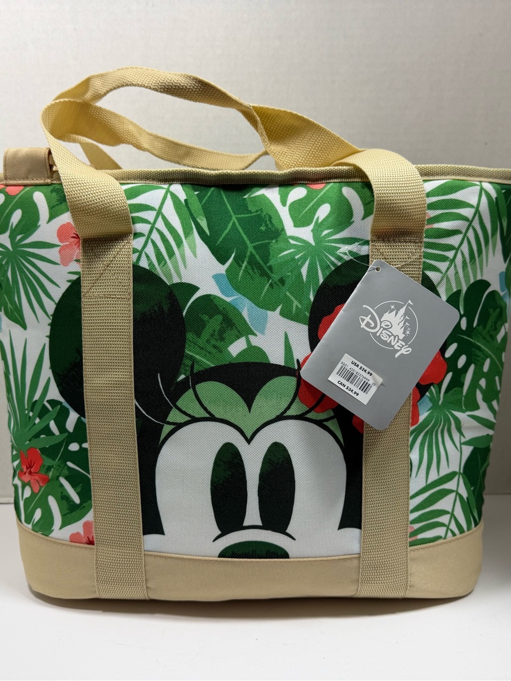 Disney Green Tropical Minnie & Mickey Insulated Tote Bag with Tan Handles
